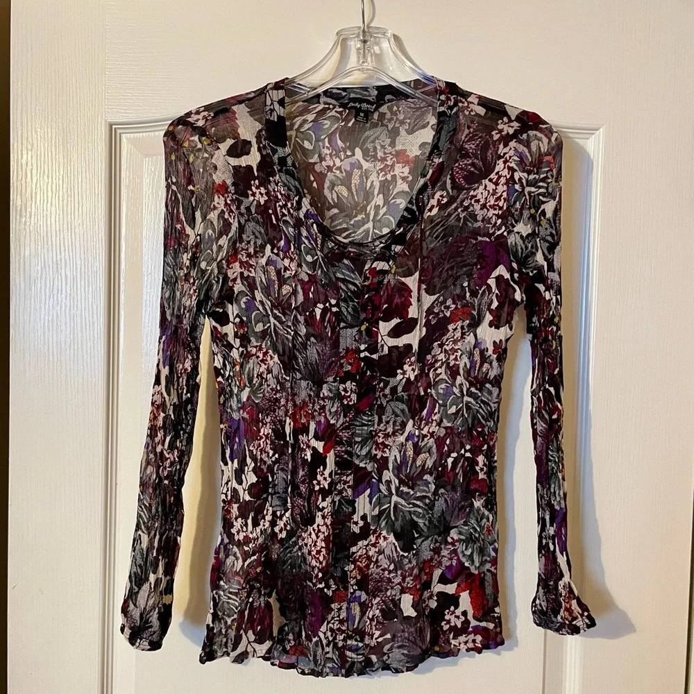 Lucky Brand  Sheer Floral Long Sleeve Tassel Tie  Blouse Size M Whimsygoth Boho